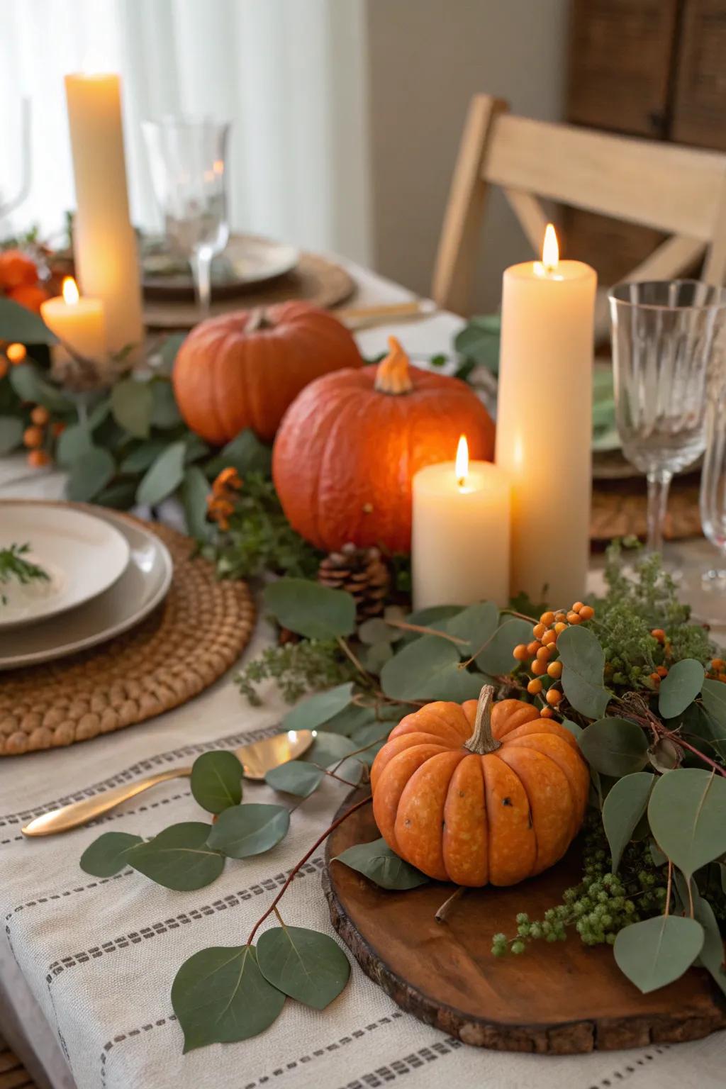 A cozy and elegant pumpkin tablescape for Thanksgiving.