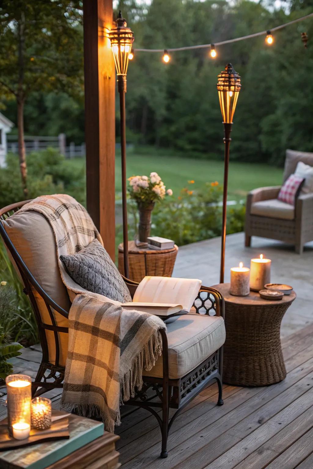 Create a cozy patio corner with the warm glow of tiki torches.