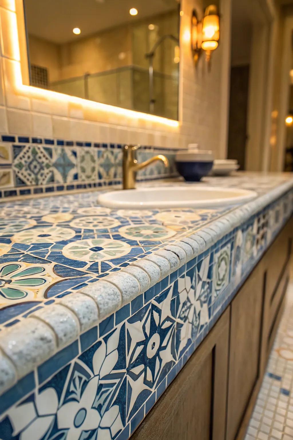 Mosaic tiles create an artistic focal point.