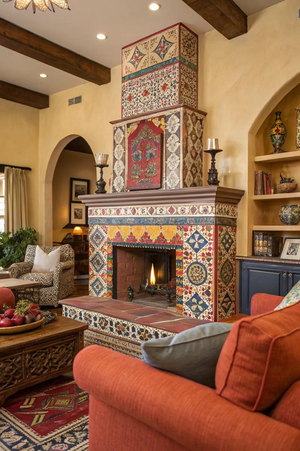 Bold patterns make this fireplace a captivating focal point.