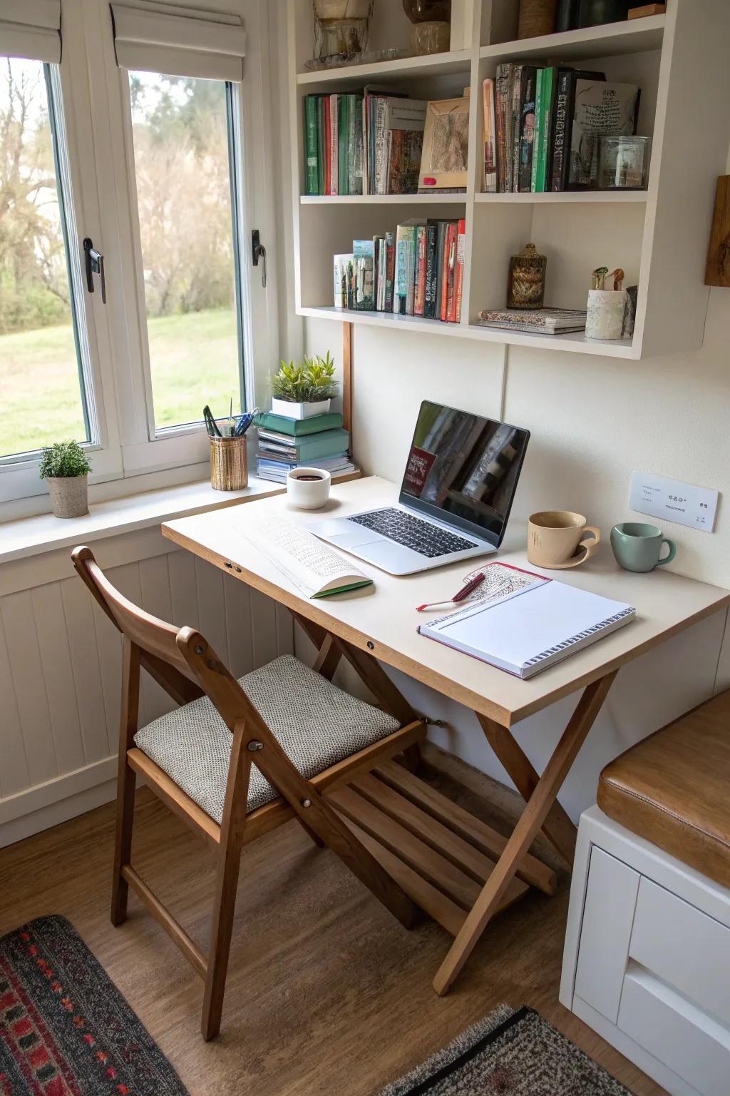 A foldable desk provides flexibility in small spaces.