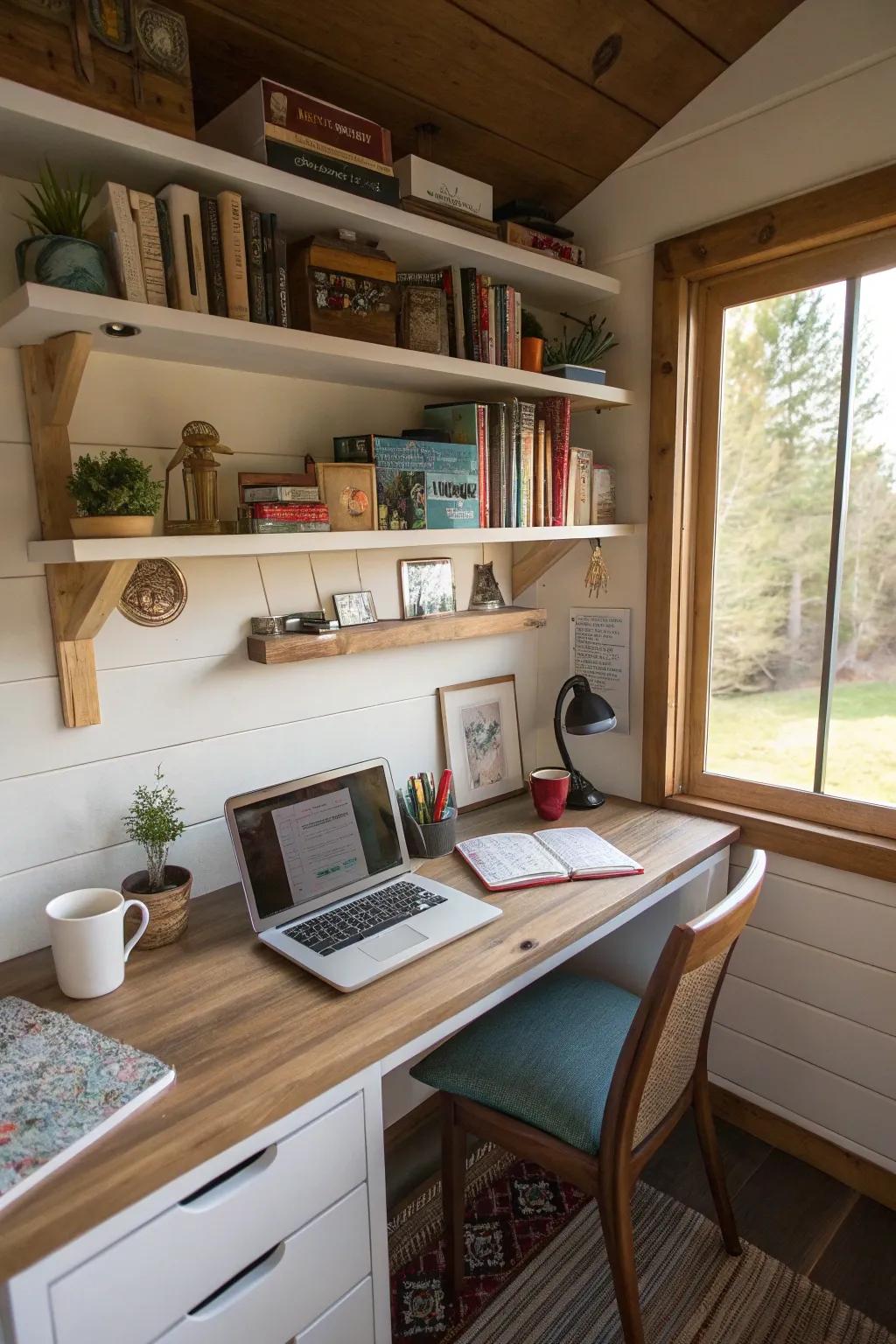 Floating shelves are a lifesaver for organizing a tiny office efficiently.