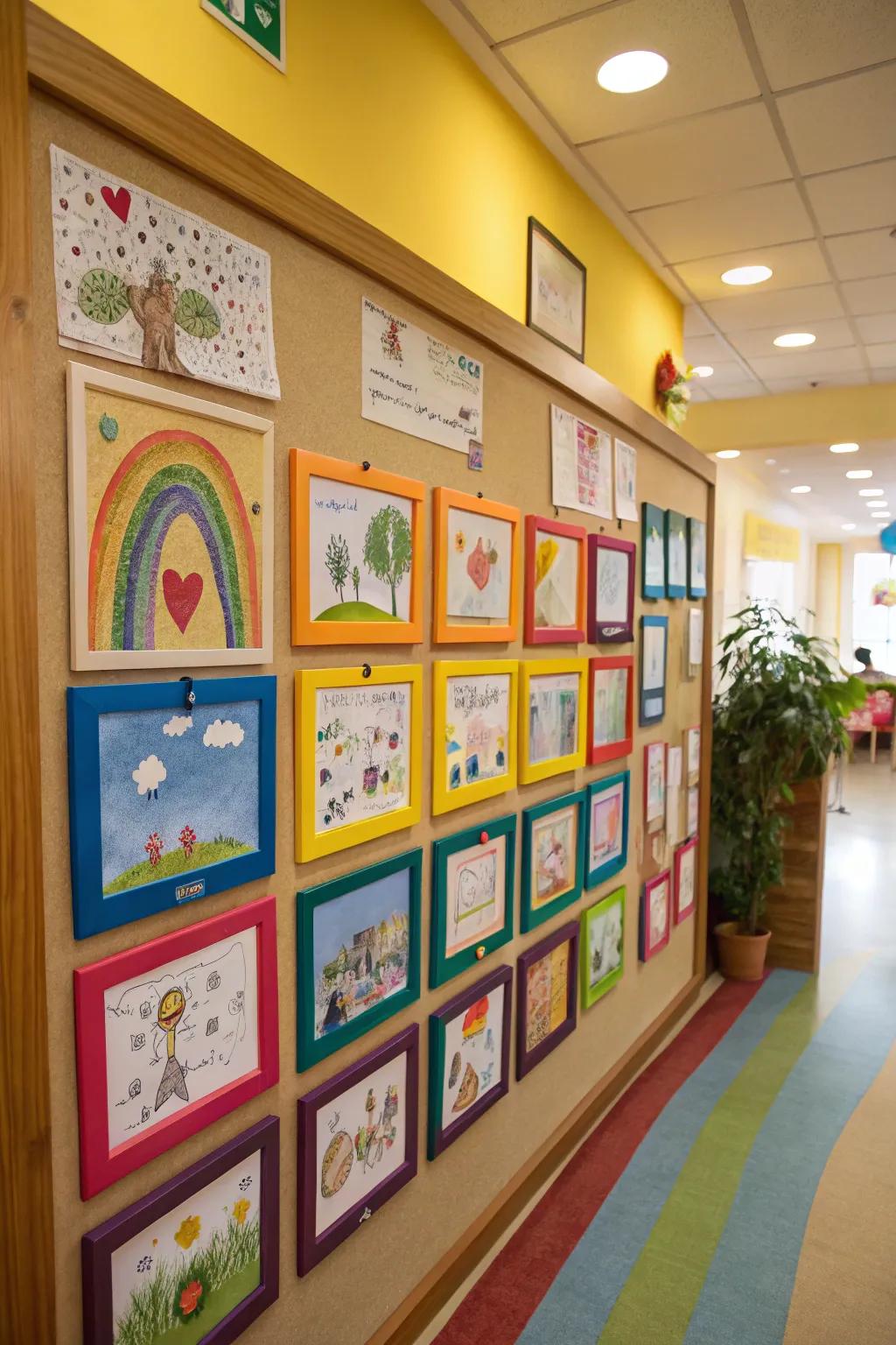 A bulletin board featuring a mini art gallery with children's artwork.