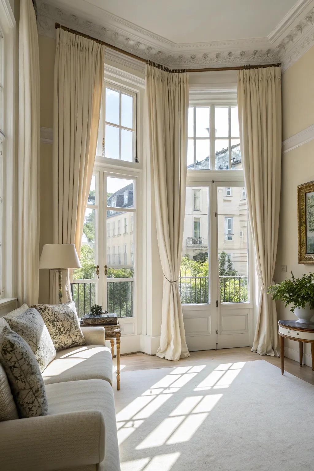 Bright room with large windows and airy curtains