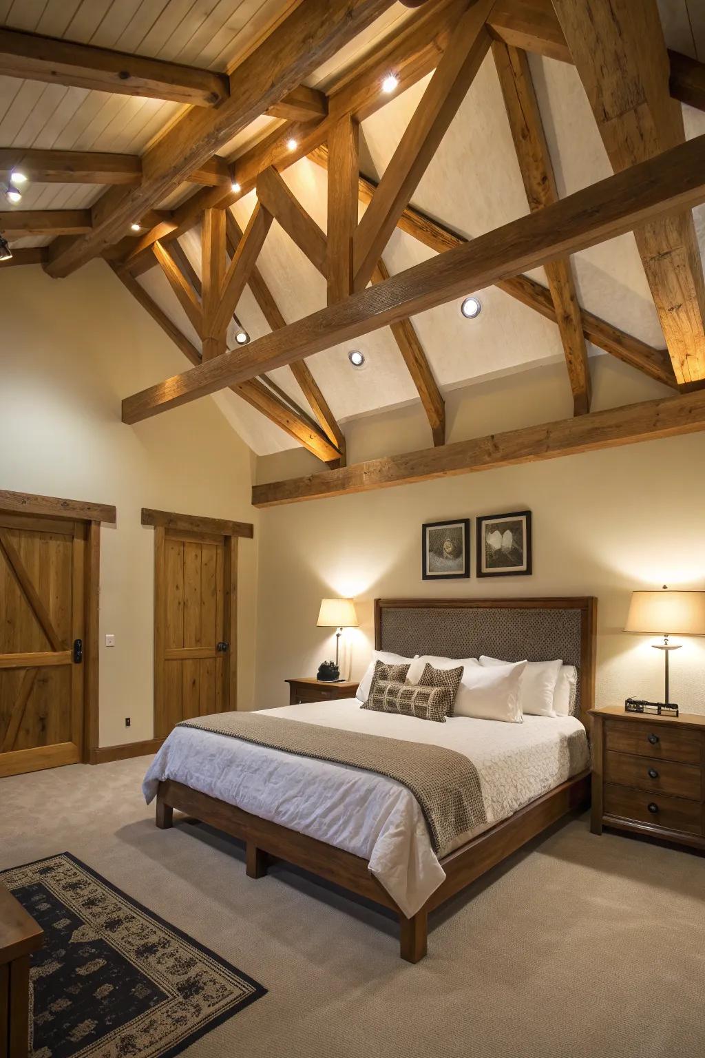A bedroom featuring wood beams in a tray ceiling for a rustic touch.