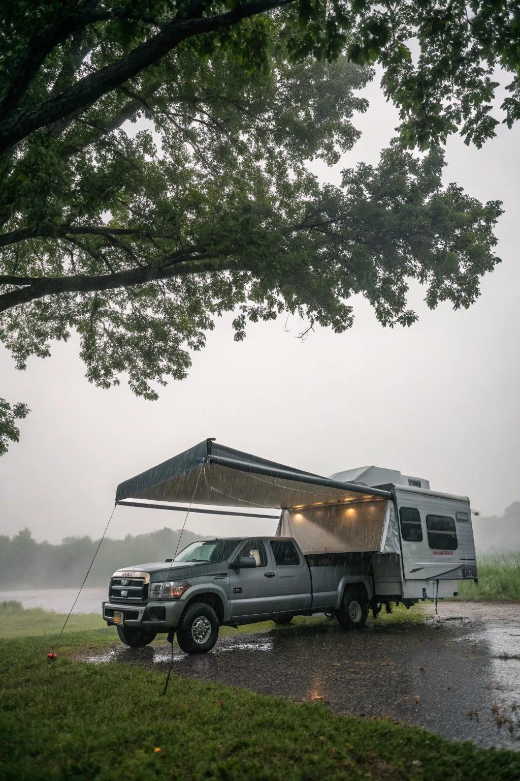 Weather-resistant awning providing shelter during a light rain.