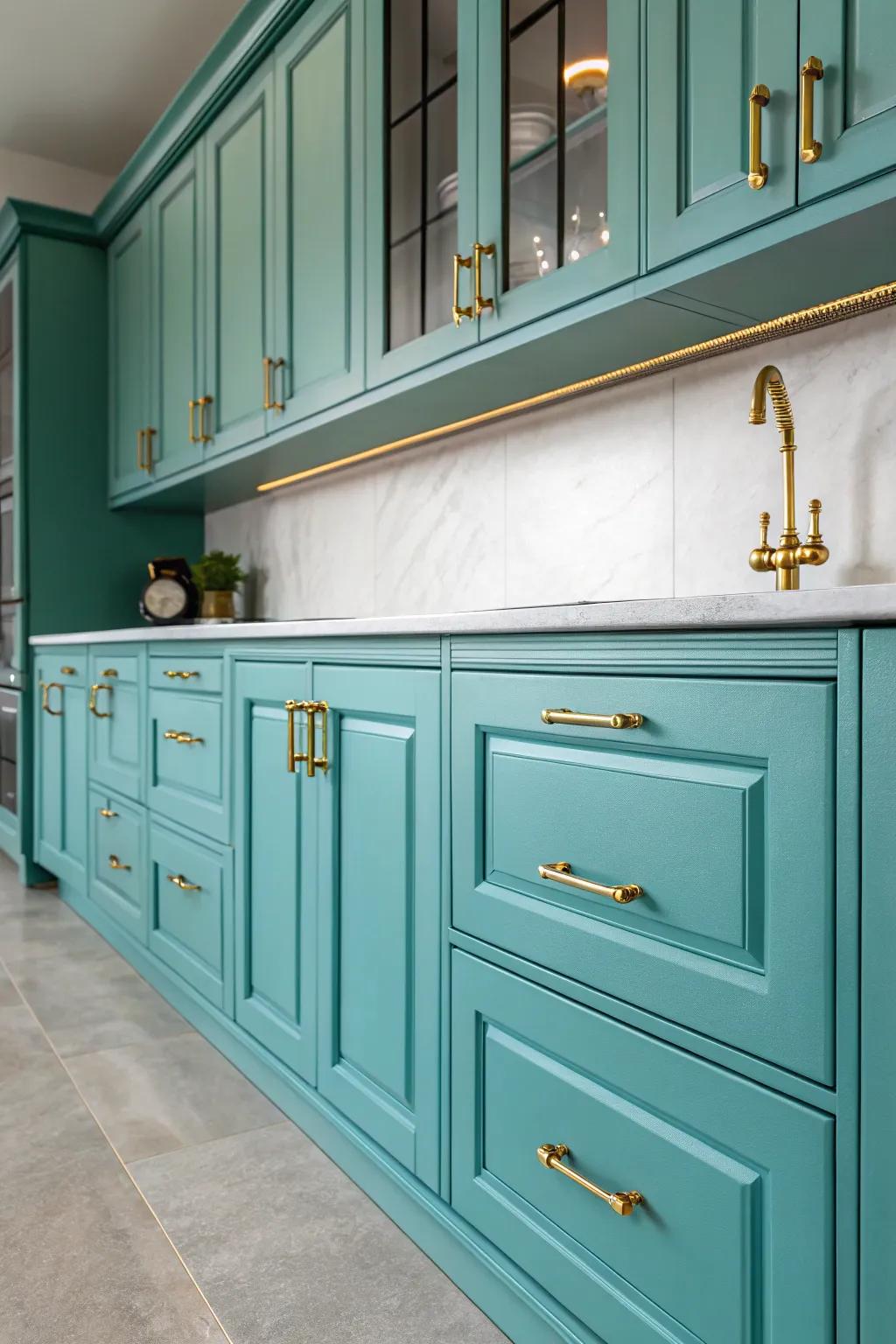 Elegant brass hardware accentuating turquoise kitchen cabinets.