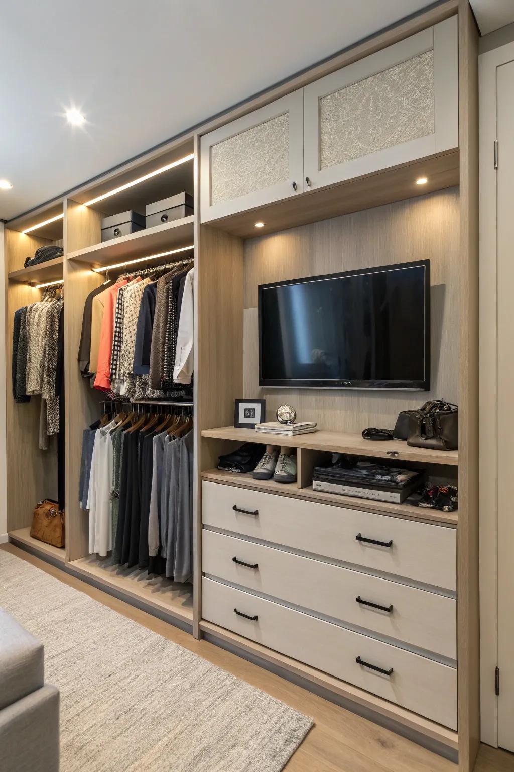 A clever fusion of wardrobe storage and TV placement.