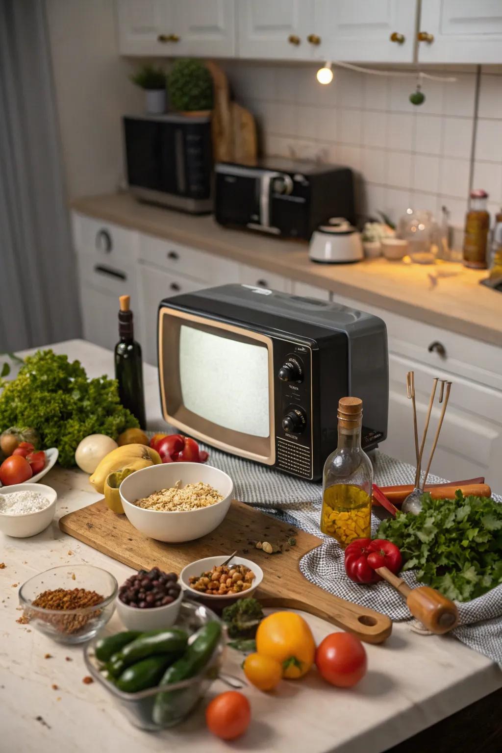 A small TV on the kitchen countertop for easy viewing while cooking.