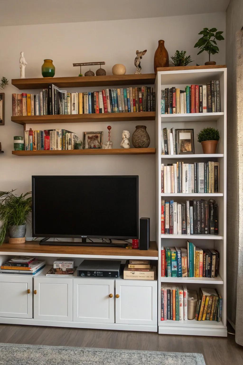 Shelving around the TV stand adds storage and style.