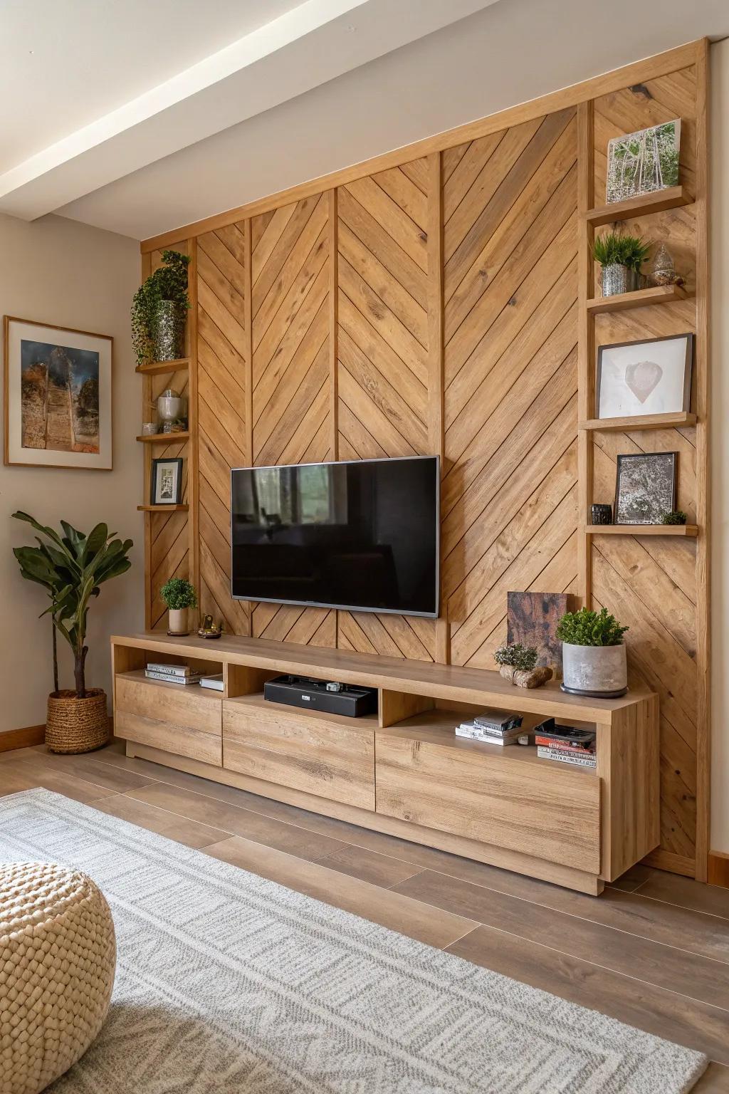 Wooden accents bring warmth to this TV wall design.