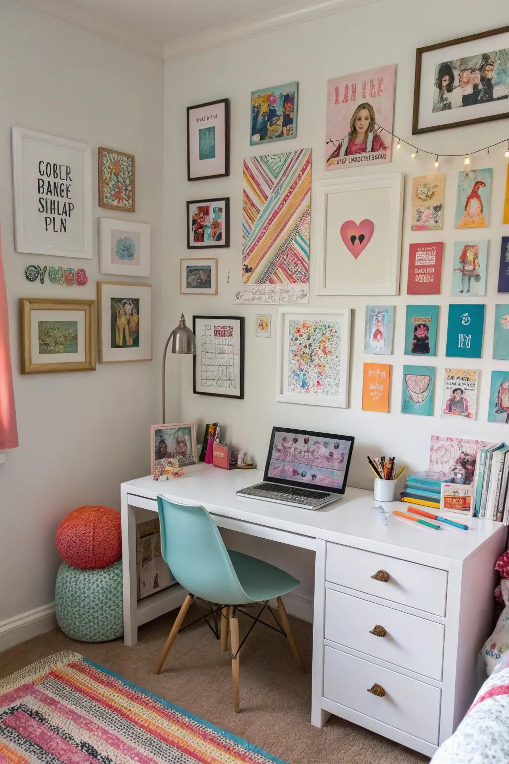 An inspiring gallery wall above a study space.