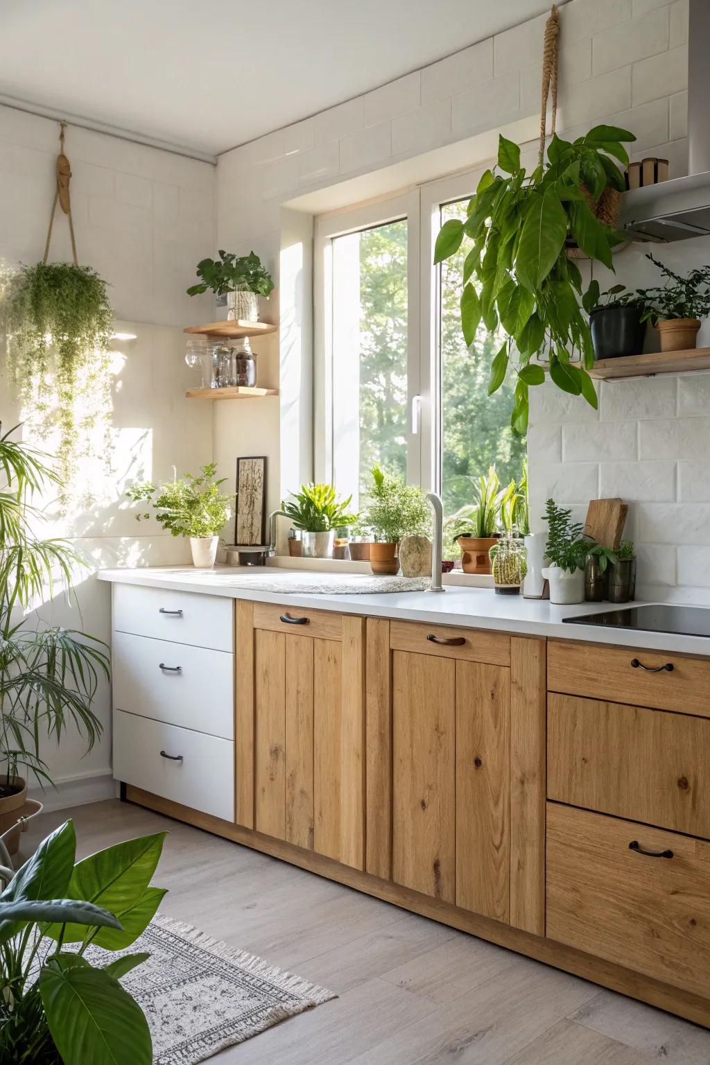 A warm wood and white kitchen that invites nature in.