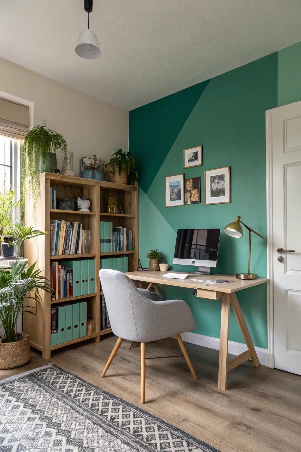 Sage and teal vertical division for a dynamic office space.