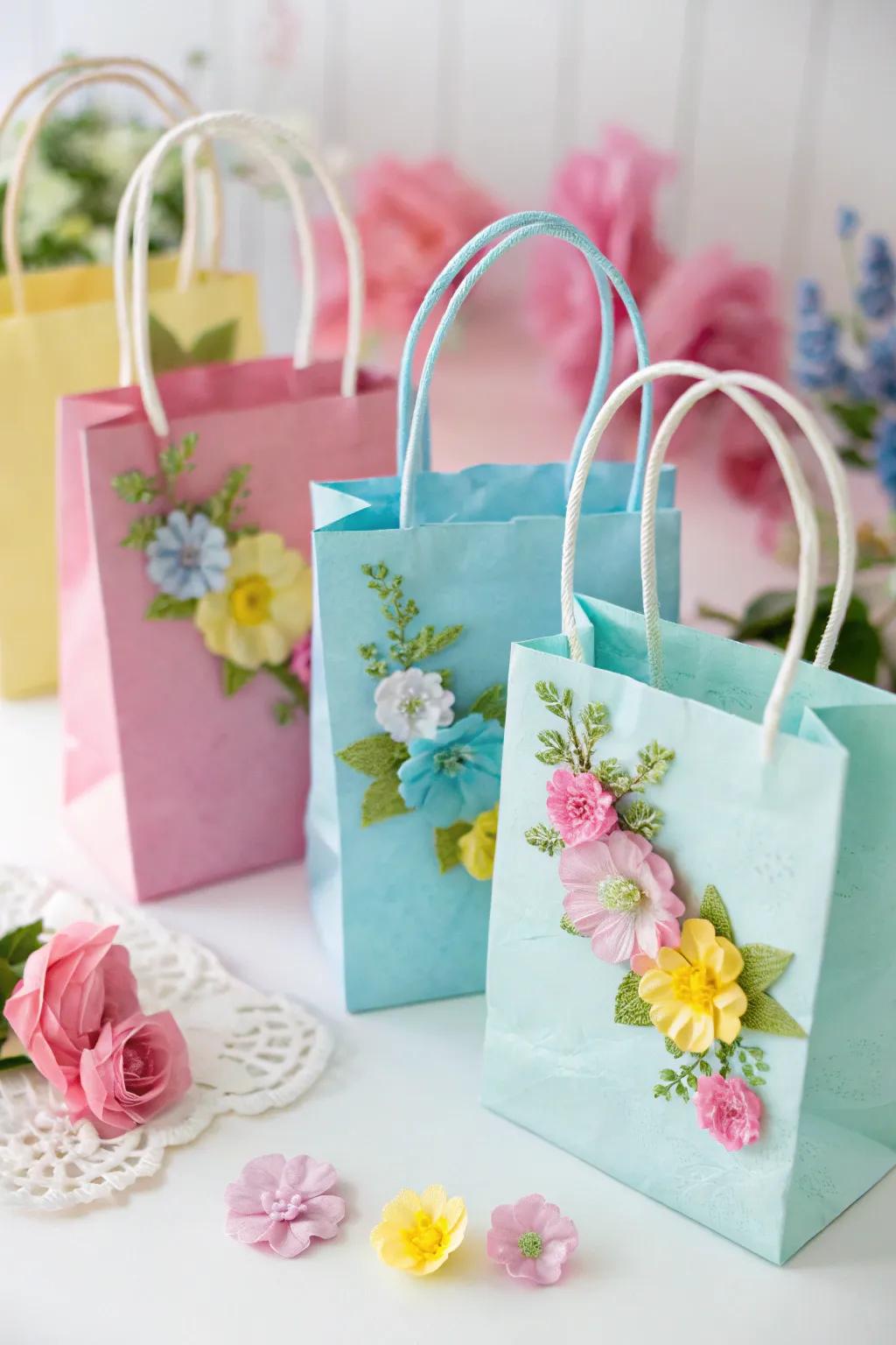 Unicorn favor bags enhanced with floral decorations.