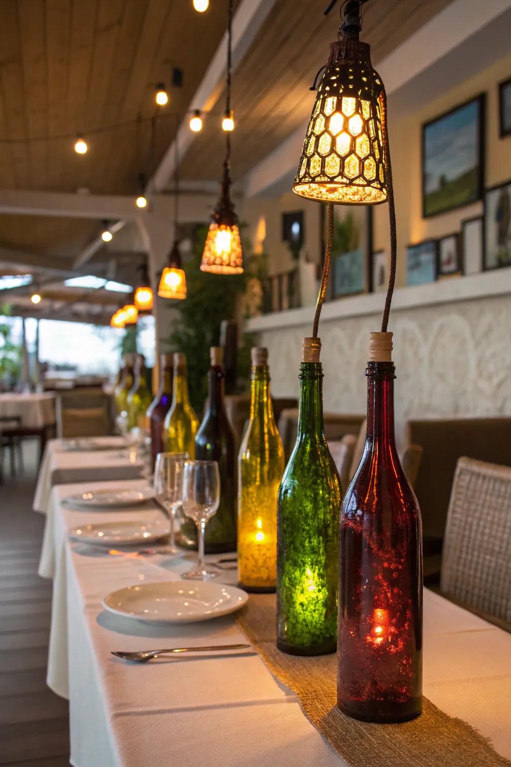 Eco-friendly wine bottle lamps for your dining area.