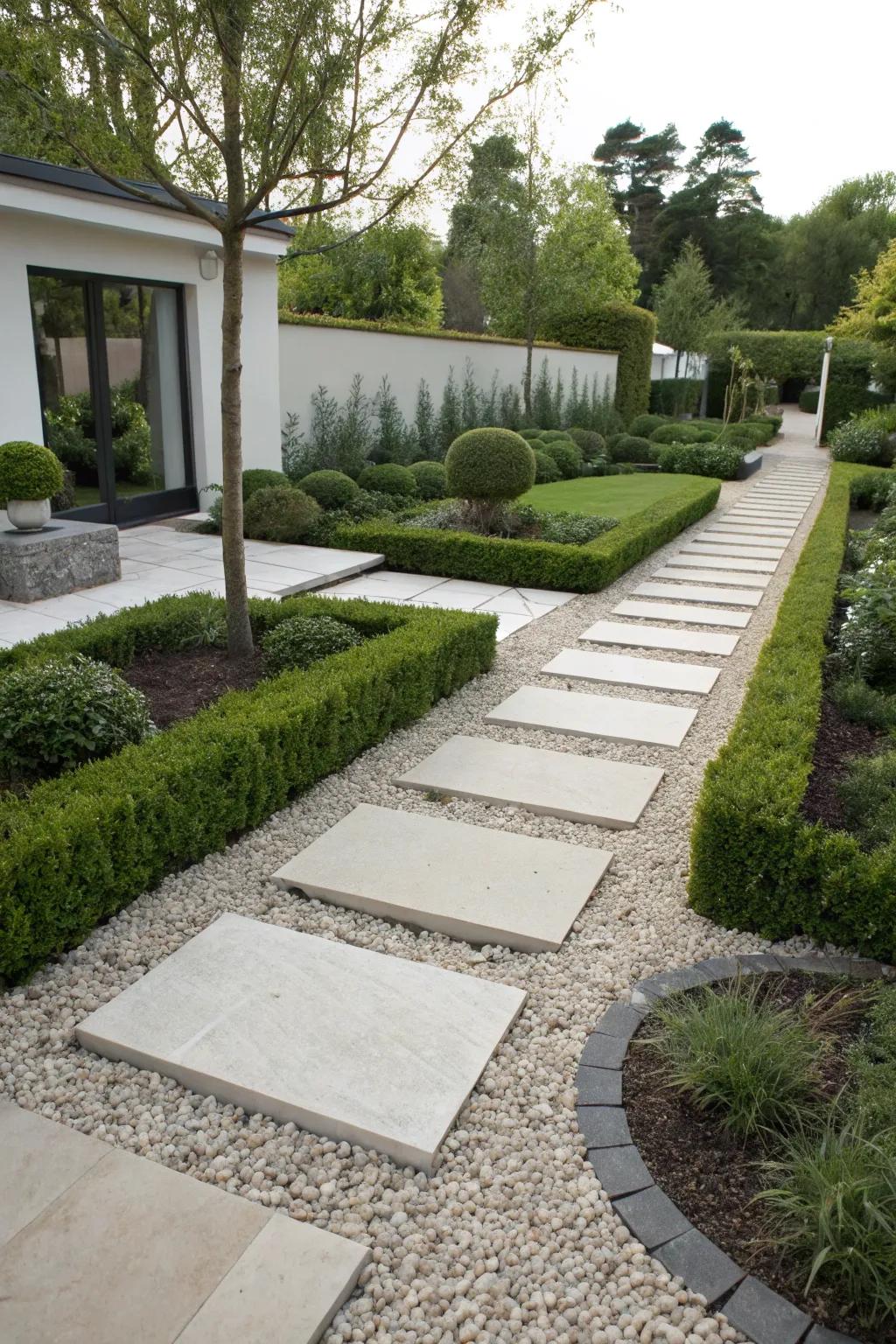 Gravel paths with stepping stones achieve a balance of simplicity and style.