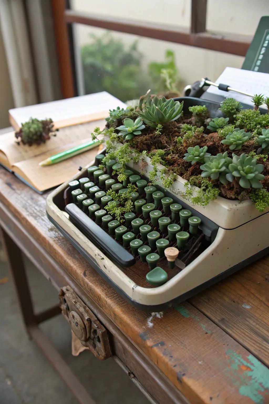 A retro typewriter turned into a creative succulent planter, perfect for adding a touch of nostalgia.