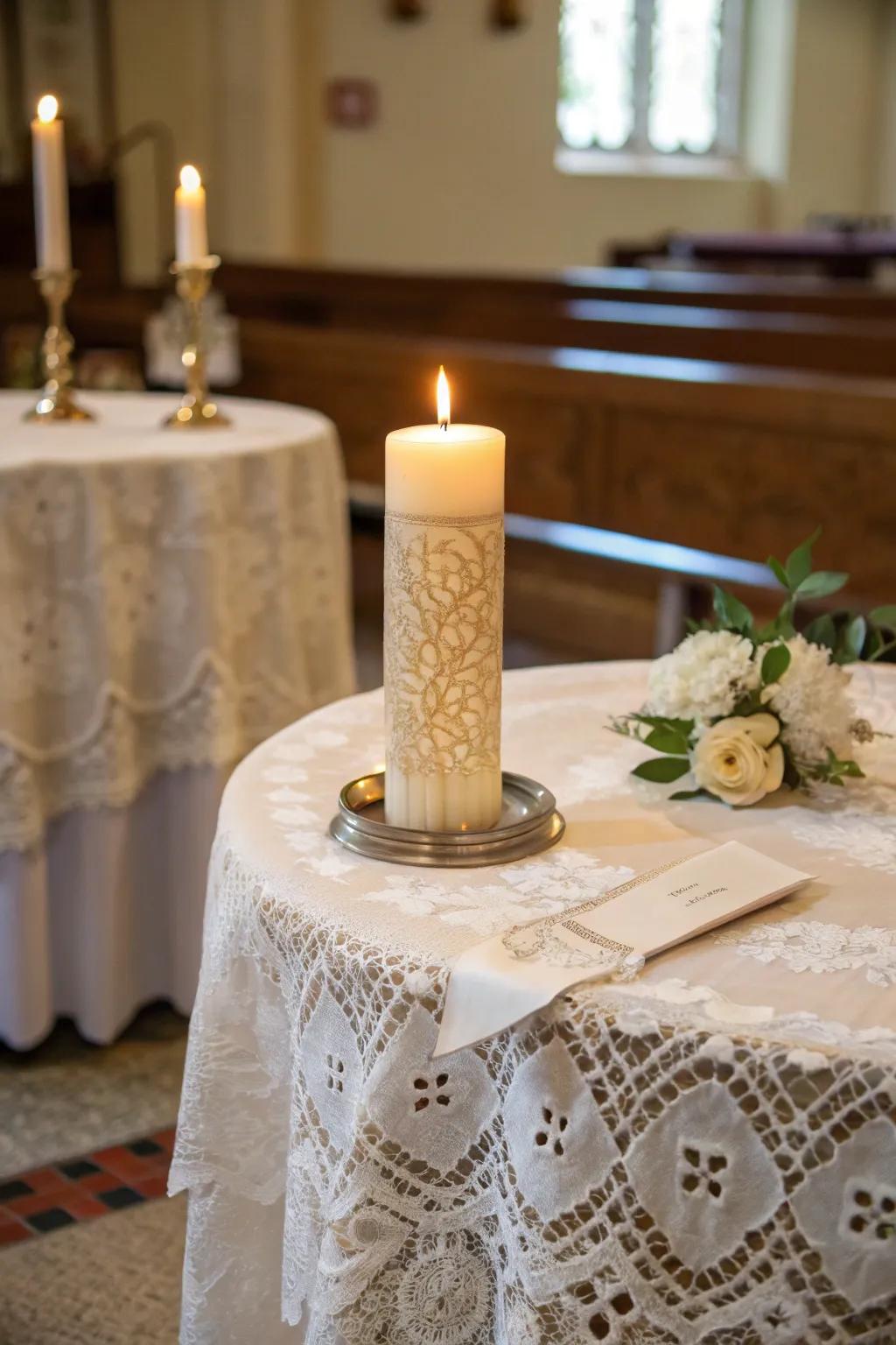 An elegant lace tablecloth adds sophistication to the unity candle table.