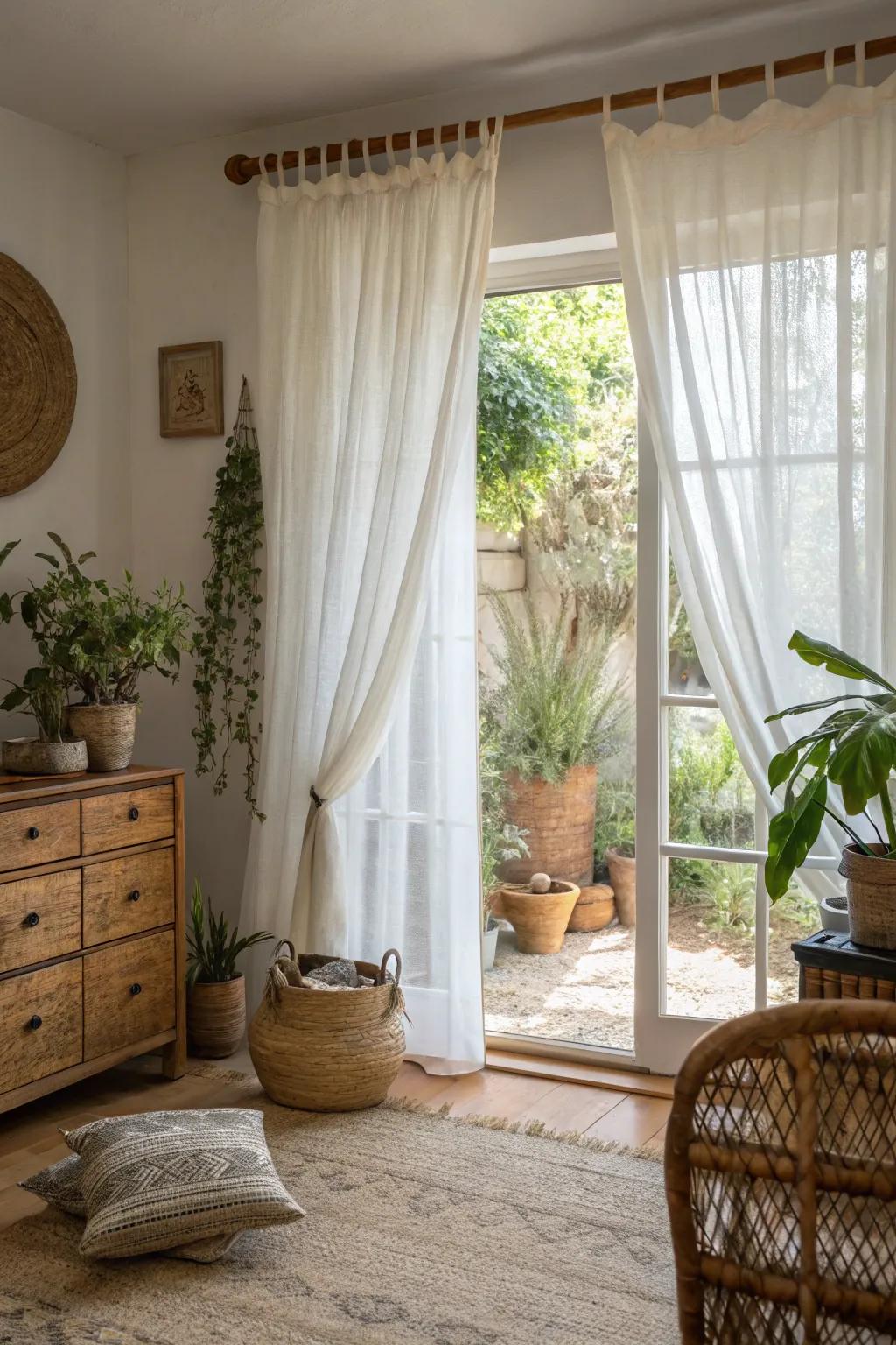 A window with a linen valance in a natural-themed living room.