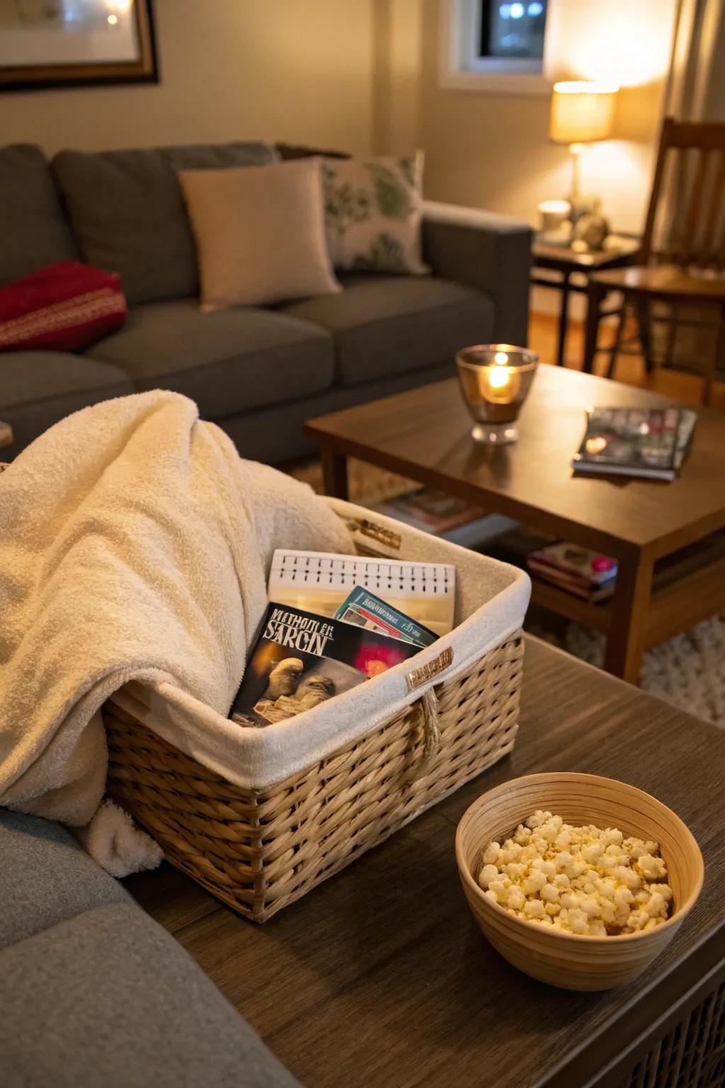 A cozy basket for a romantic night at home.