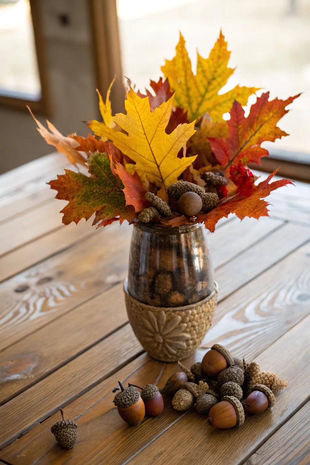 Seasonal elements like leaves can transform your vase decor.