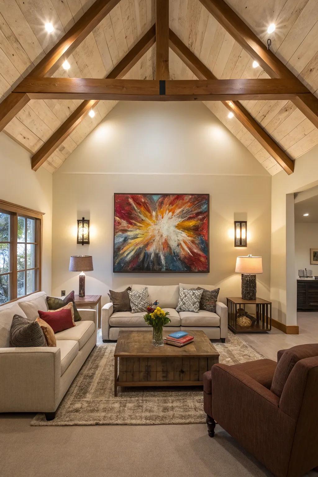 Living room with vaulted ceiling and large abstract art on the accent wall