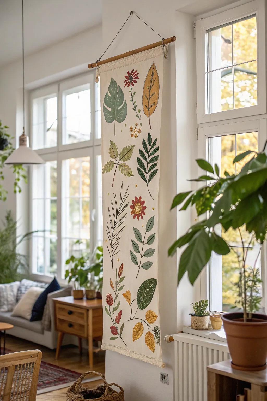 Nature motifs on a vertical banner create a calming environment in the living room.