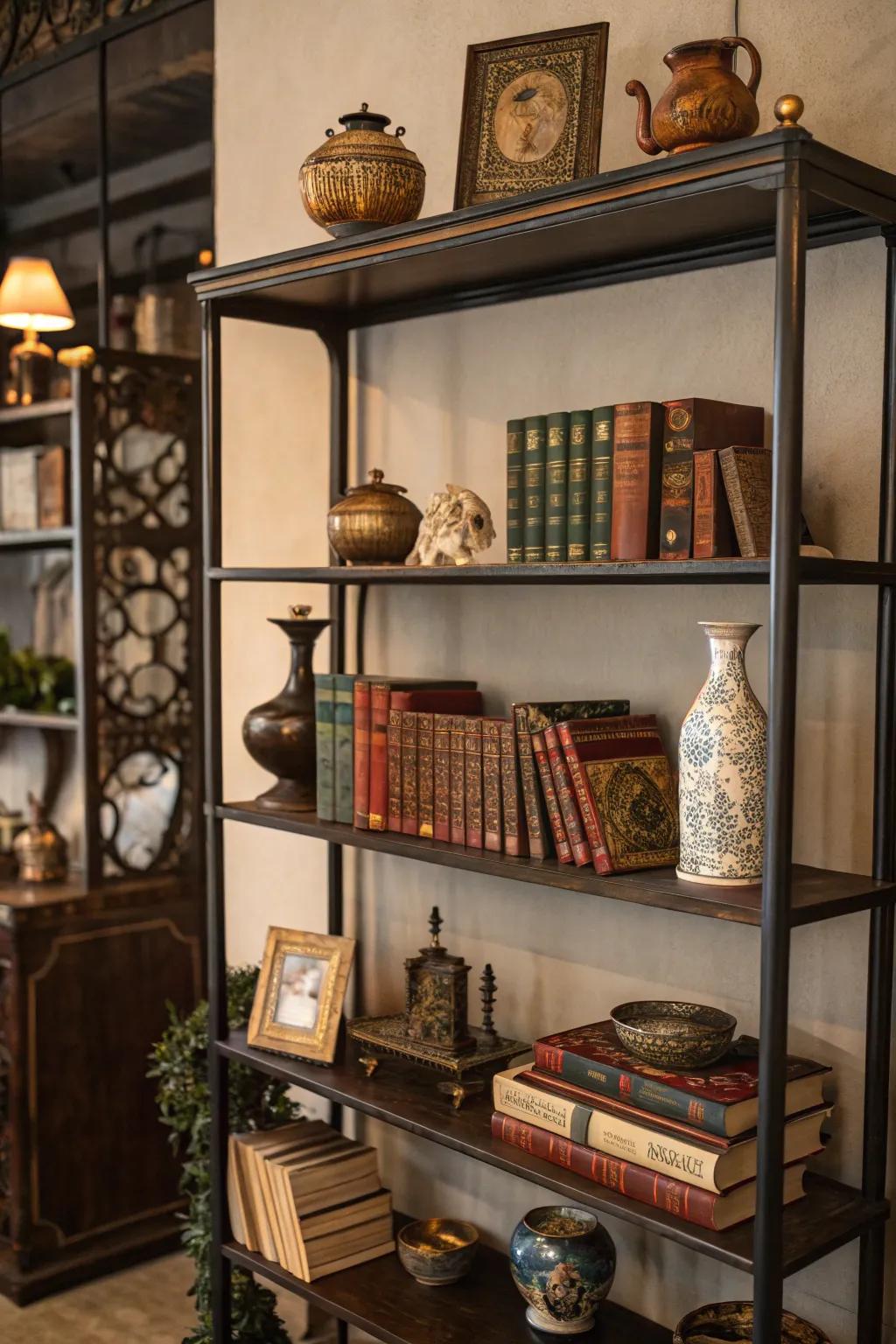 Antique-style shelving displaying cherished vintage collectibles.