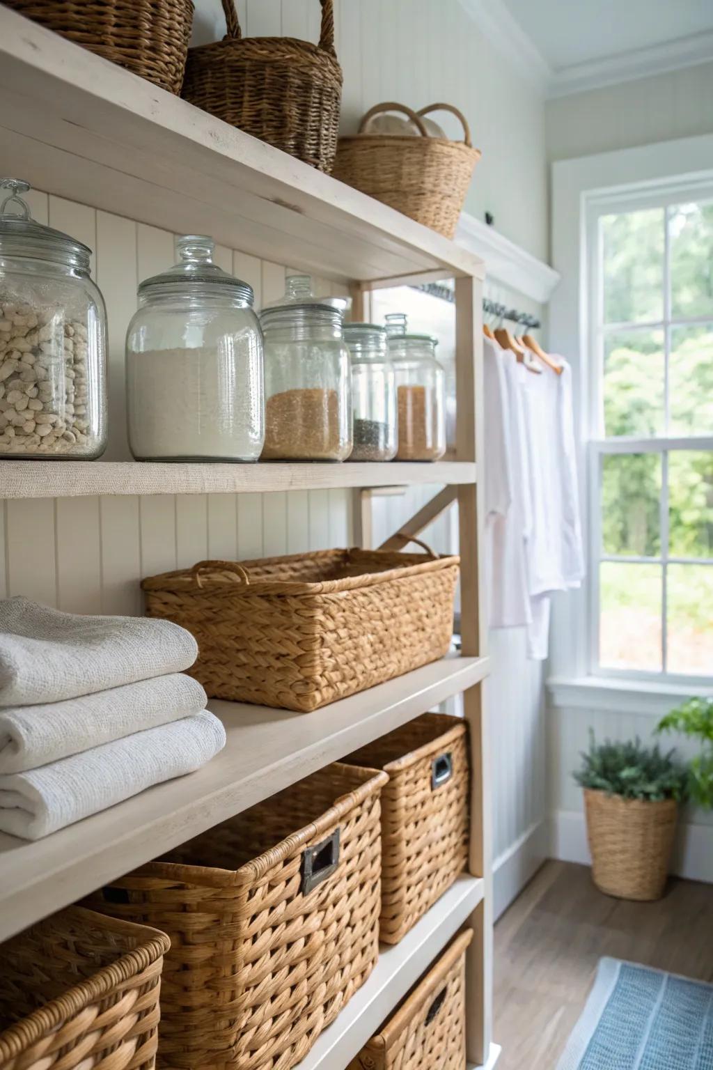 Open shelves displaying an array of vintage jars and baskets.