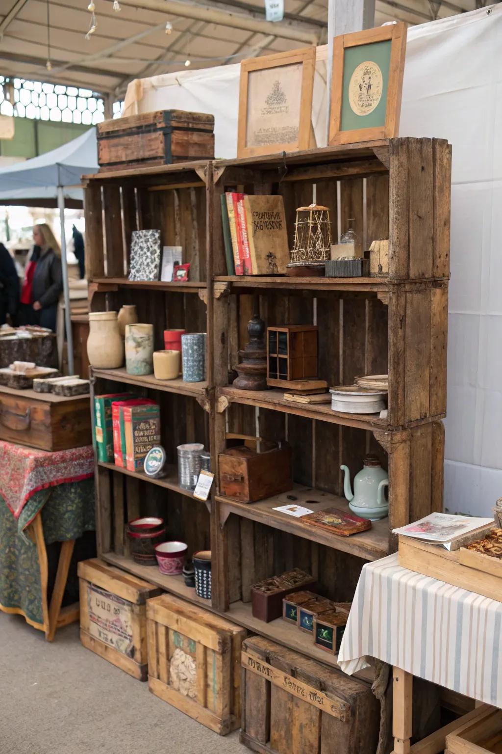 Multi-layered shelving using crates for an attractive display.