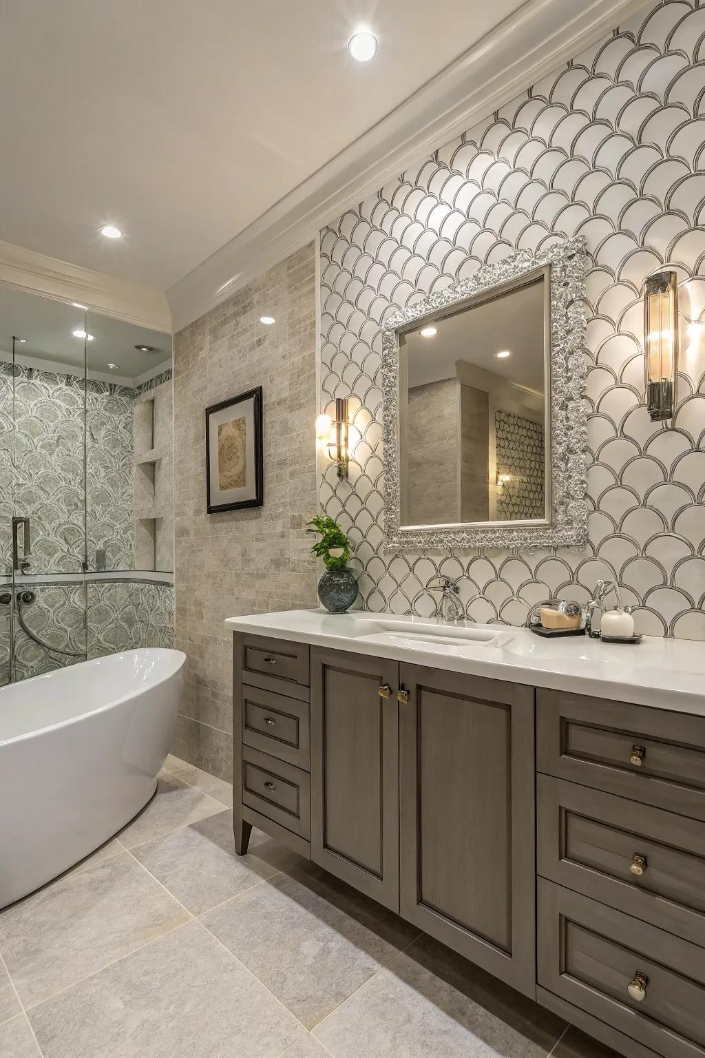 Textured tiles bring a luxurious feel to bathroom wainscoting.