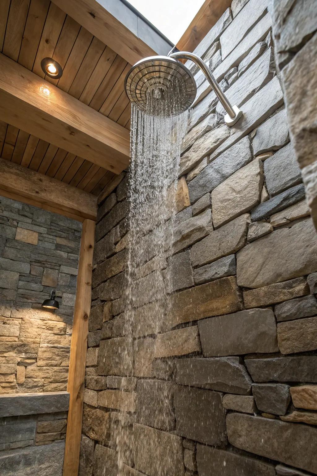 Waterfall showerhead in a stone-walled shower.