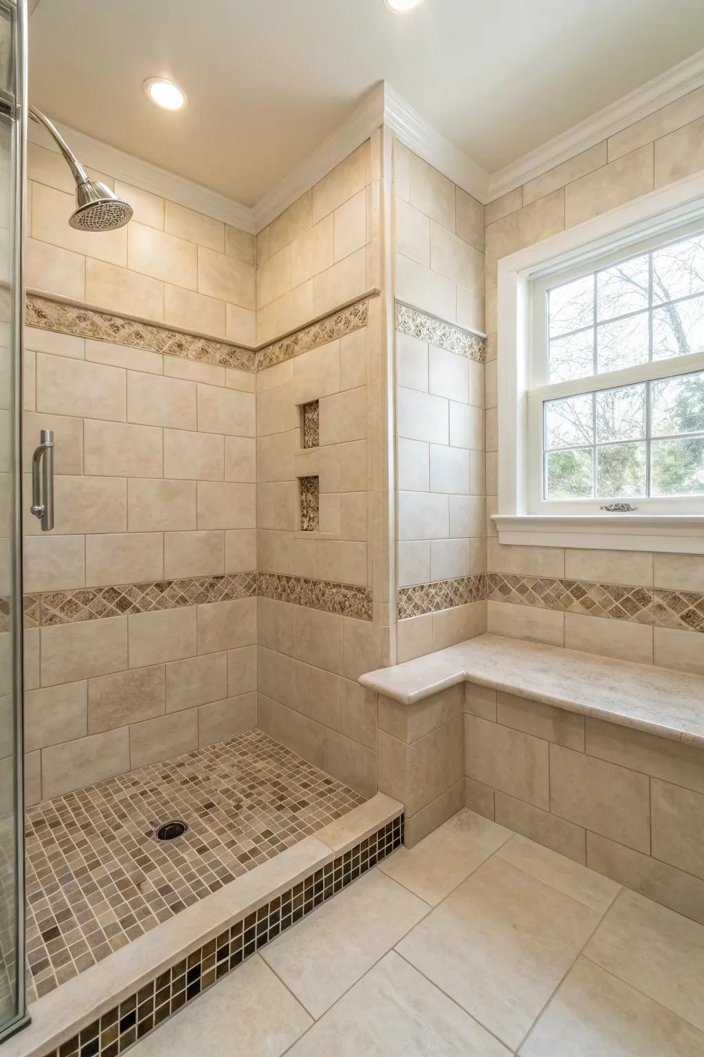 A corner bench maximizes space in a small walk-in shower, making it both practical and stylish.