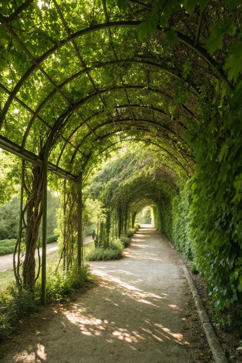 A living green tunnel creates a magical garden experience.