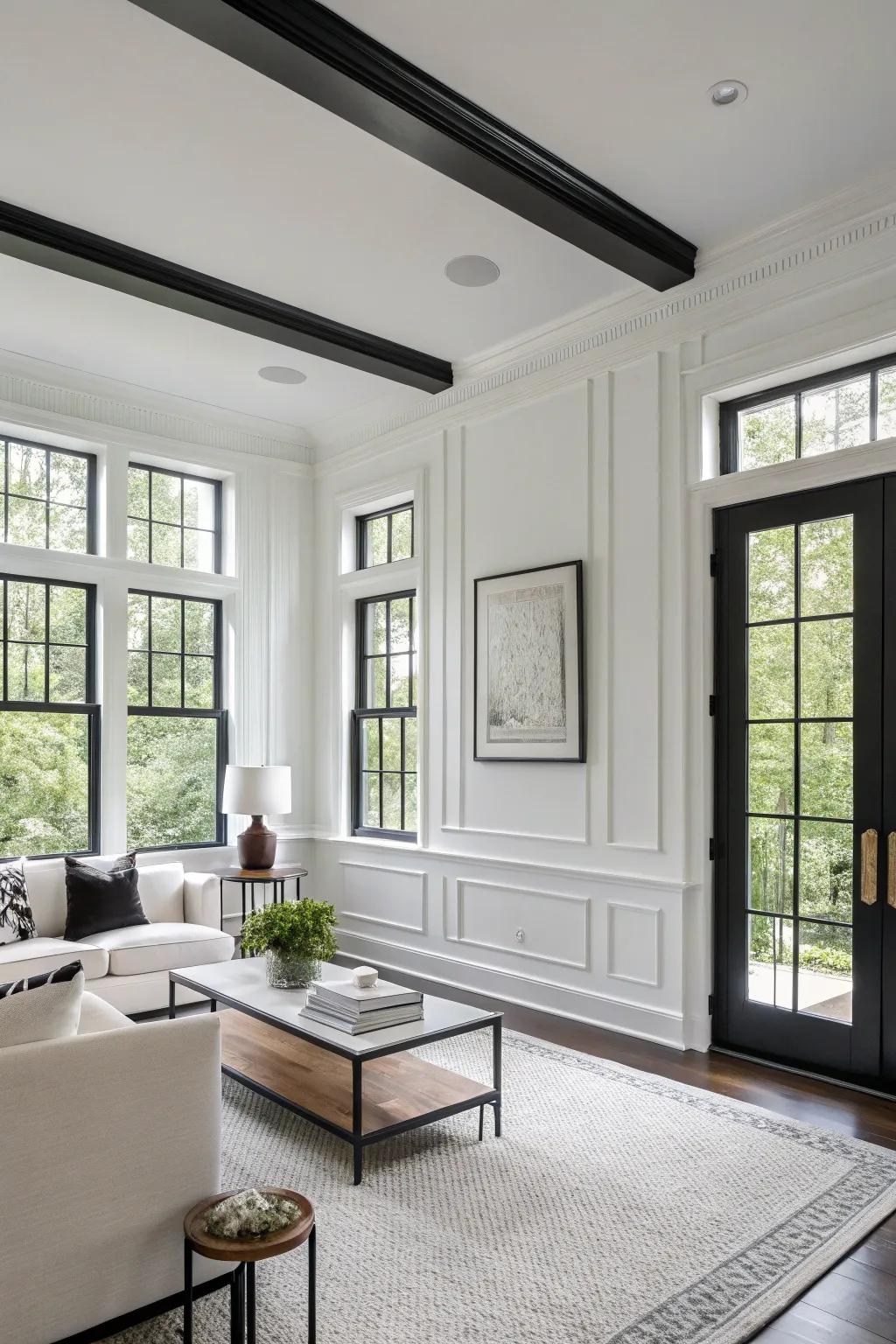 Sophisticated and dramatic with white walls and black trim.