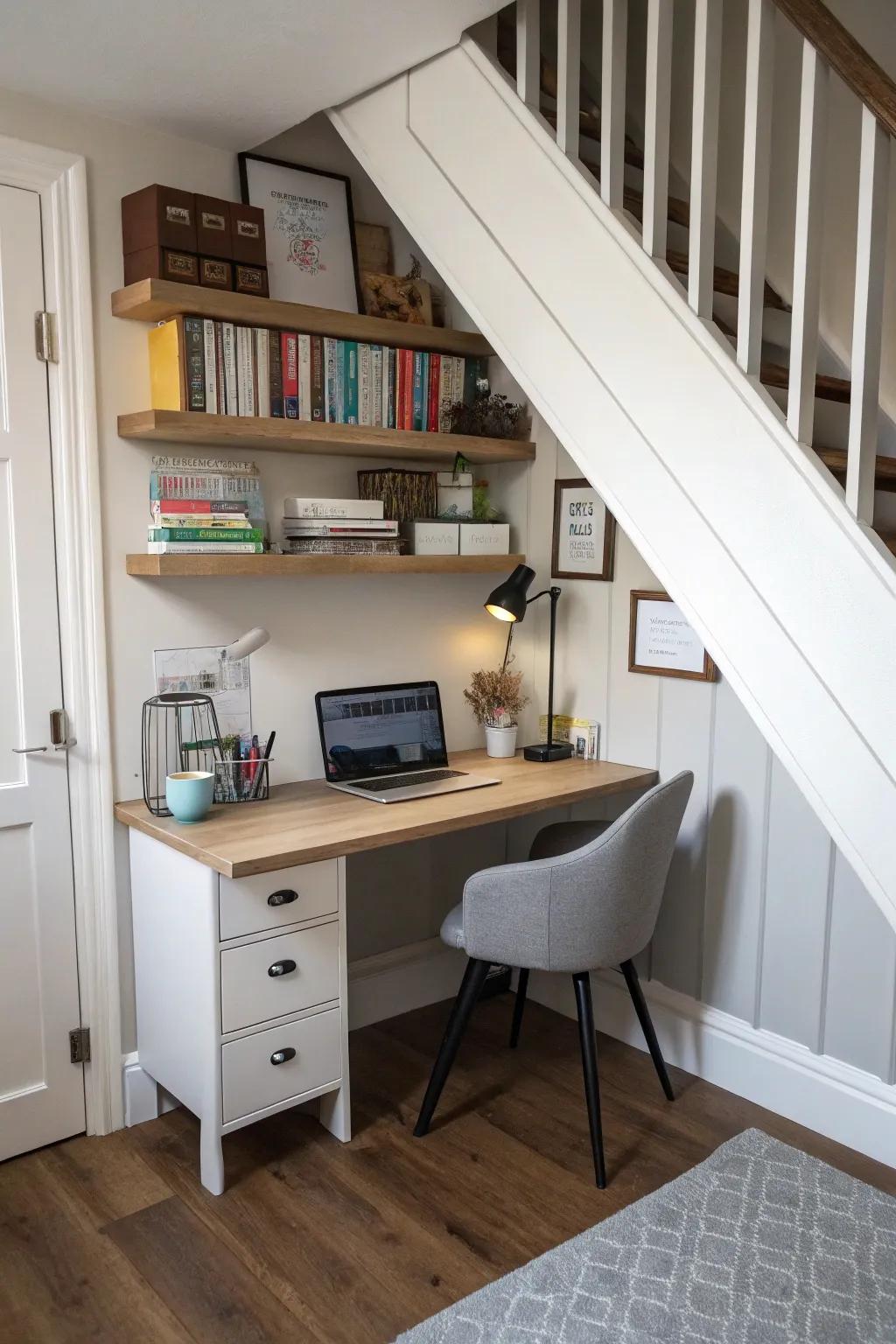 A mini home office under the stairs maximizes functionality.