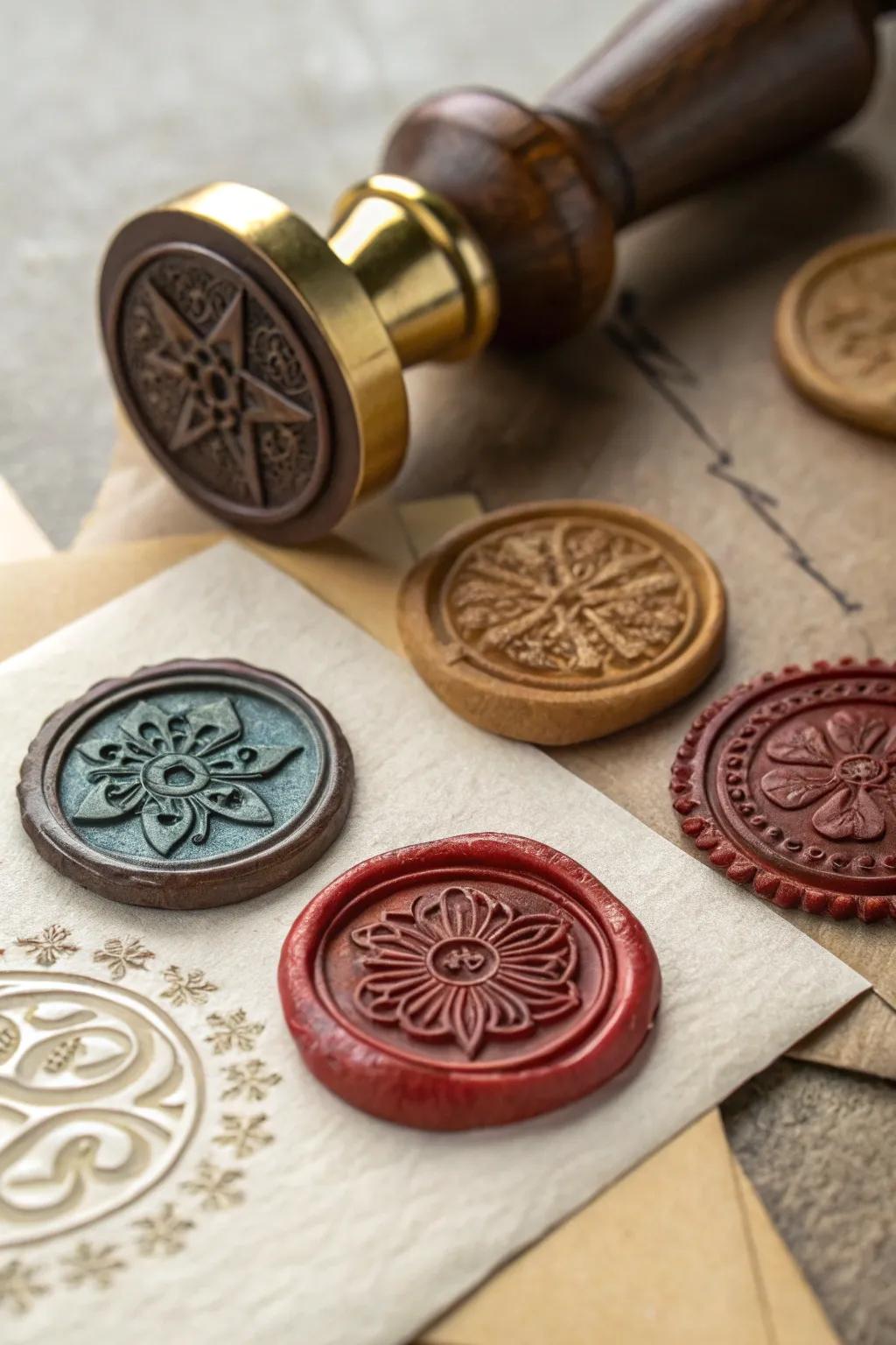 A collection of unique wax seal stamps, each offering a different artistic flair.