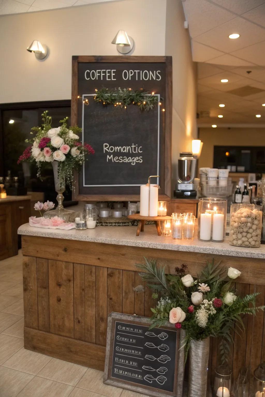 A personalized chalkboard sign at a wedding coffee bar.