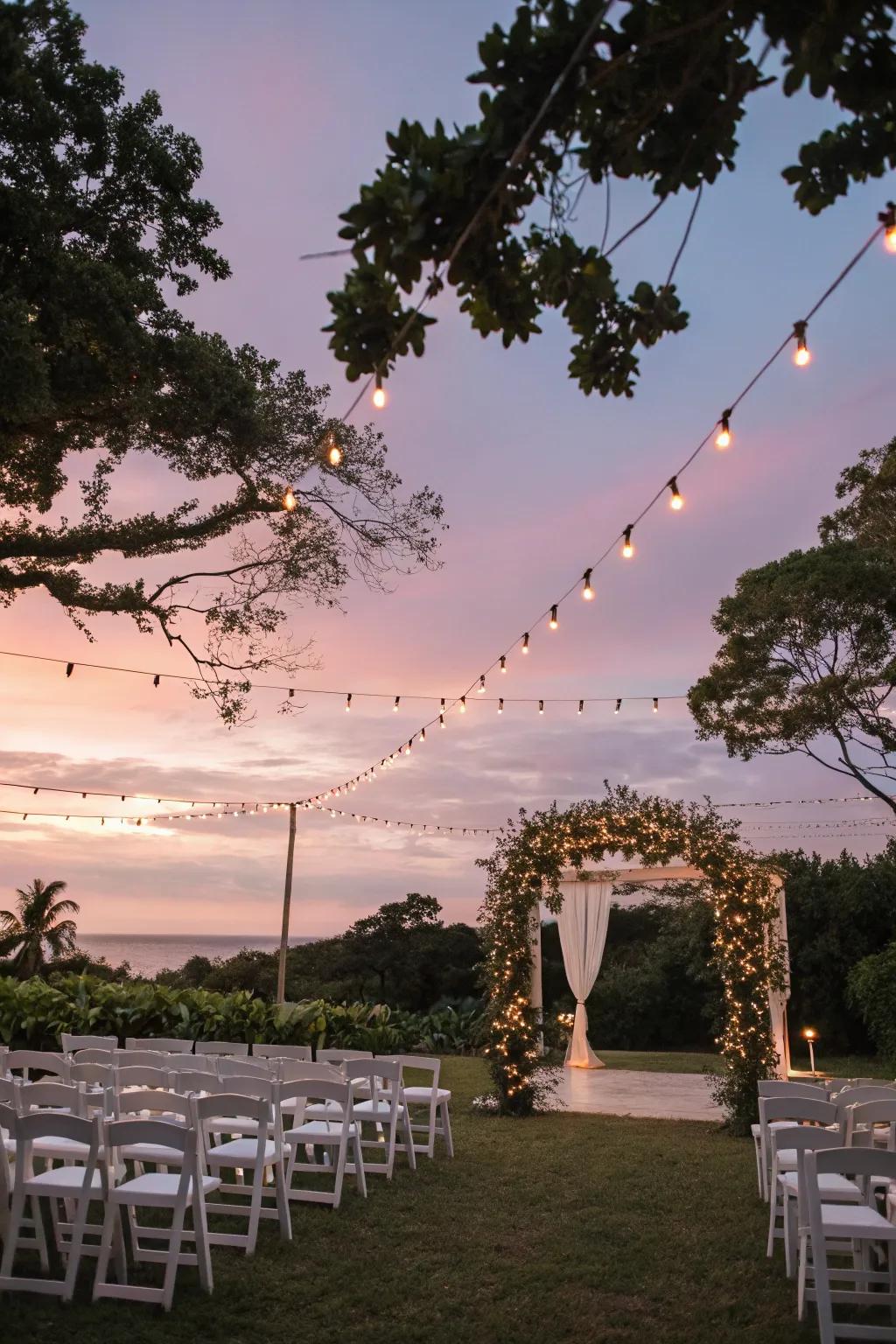 An outdoor wedding venue beautifully illuminated with string lights hanging from trees.