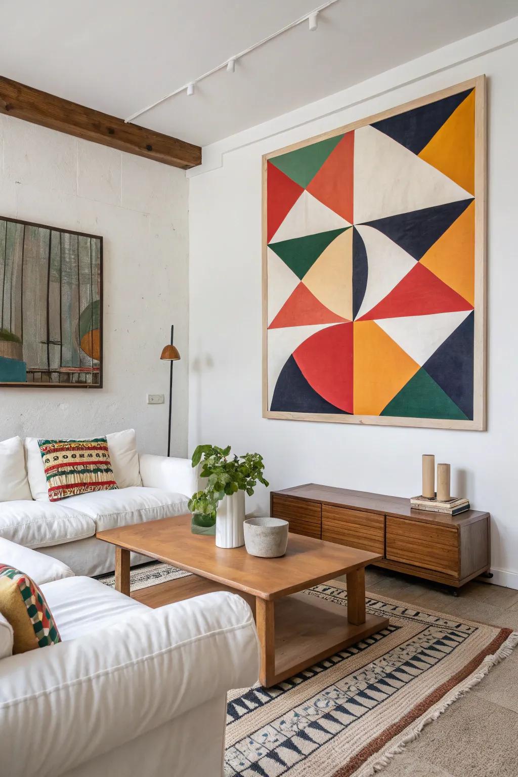 An abstract geometric painting bringing modern flair to a minimalist space.