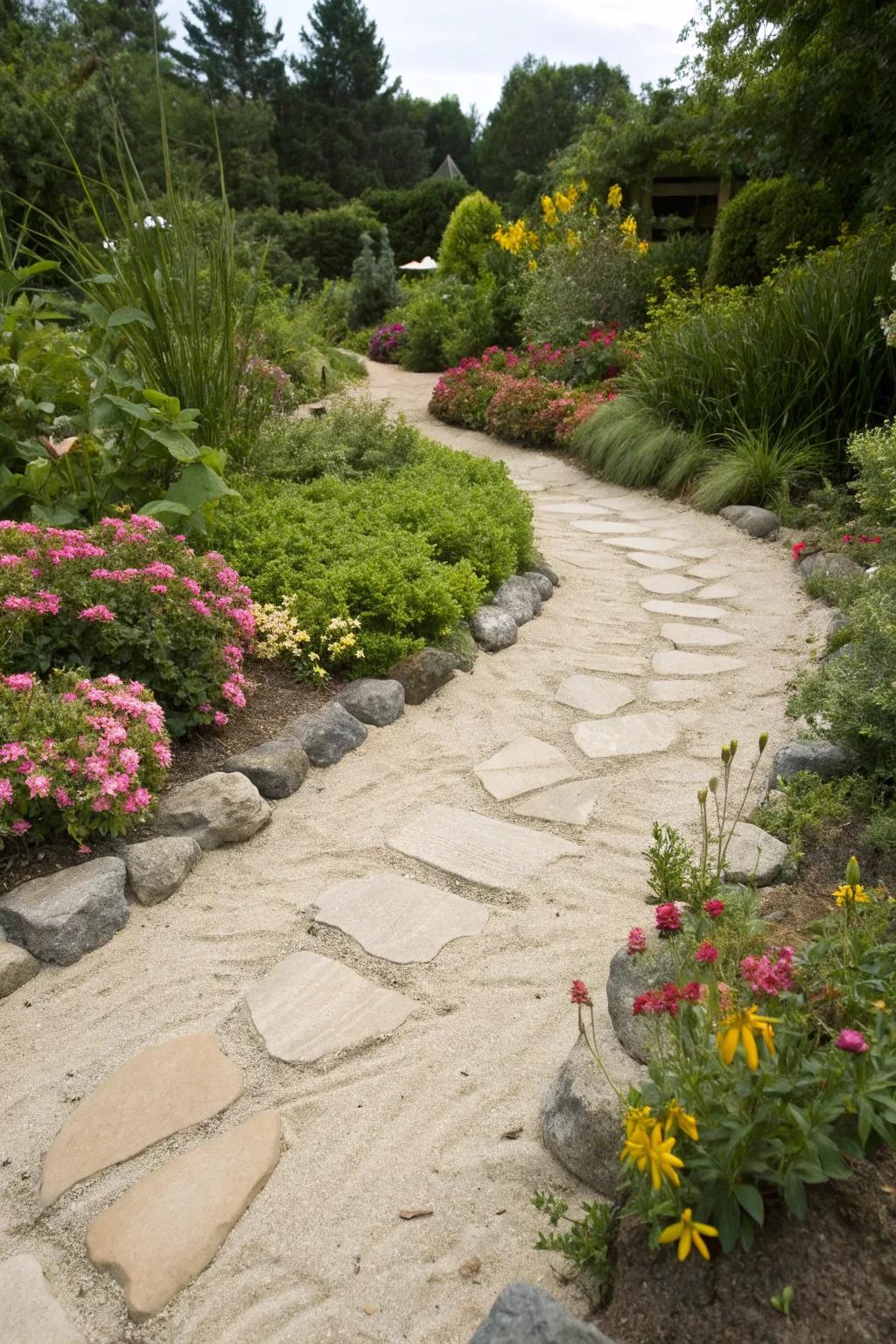 Flagstone path with sand for a seamless and natural appearance.