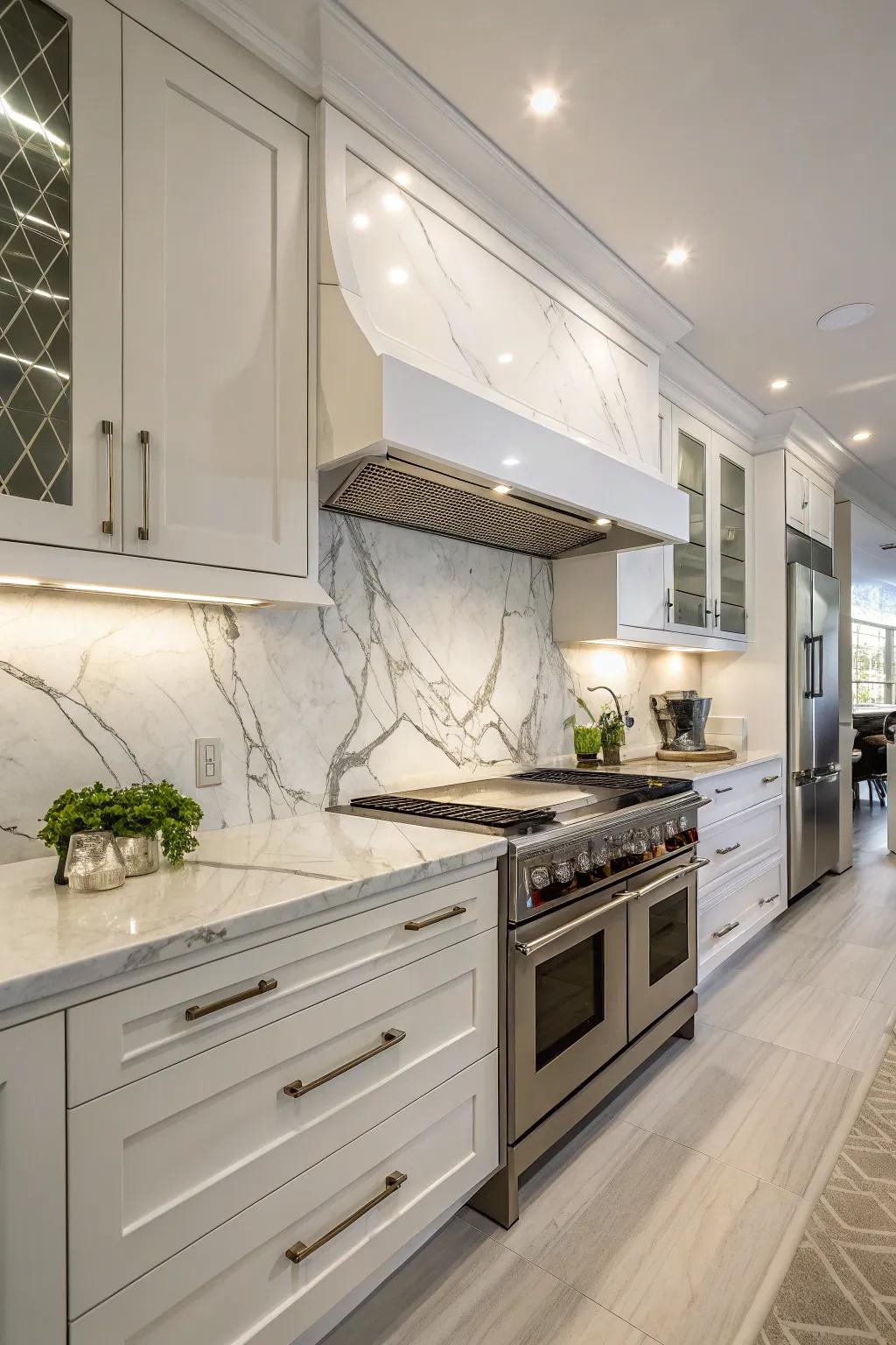 Elegant white marble backsplash adding a luxurious feel.