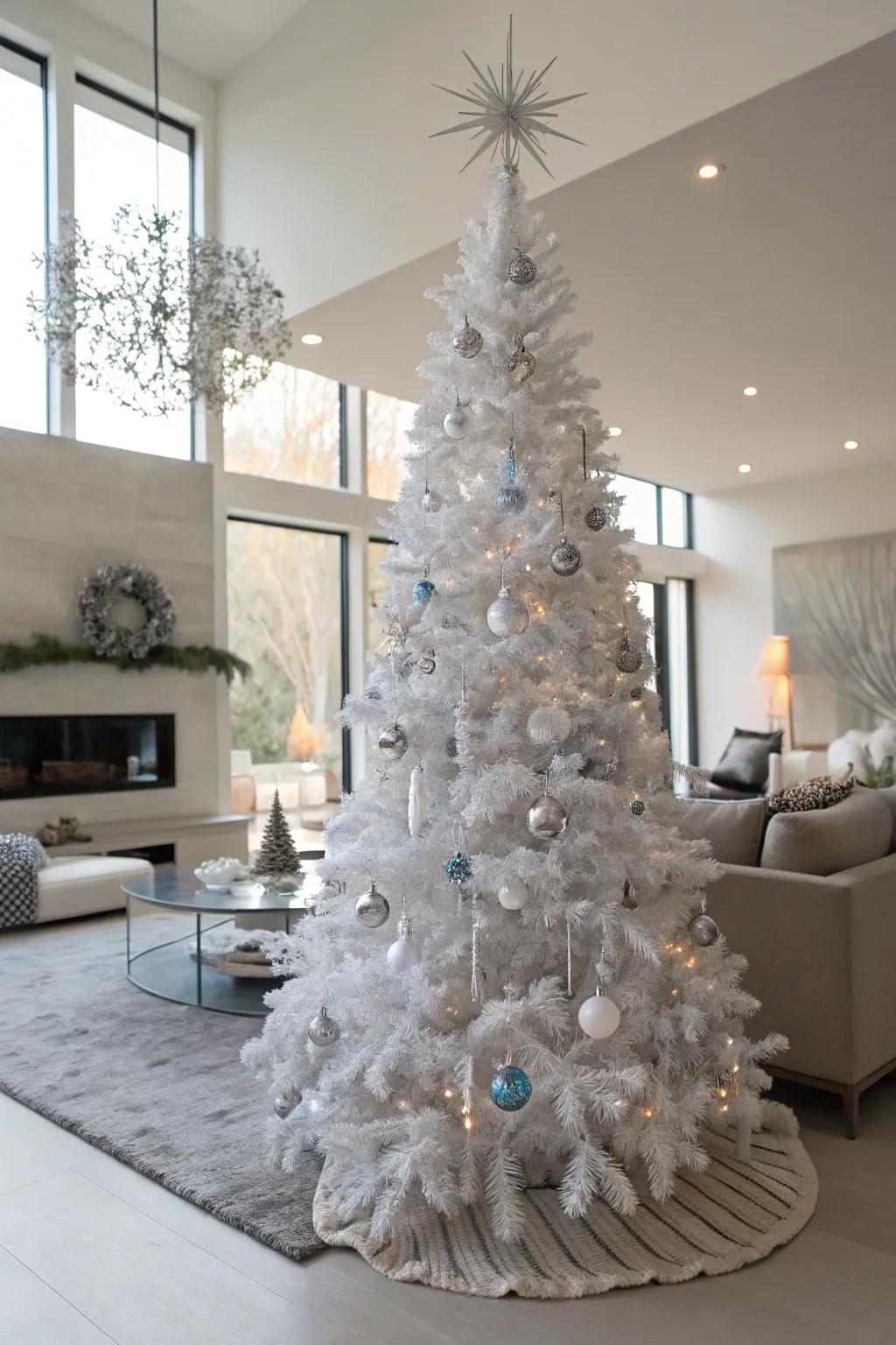 A winter wonderland with silver snowflakes and icicles on a white tree.