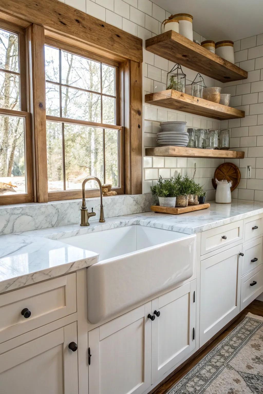 A farmhouse sink adds a charming and practical element to the kitchen.