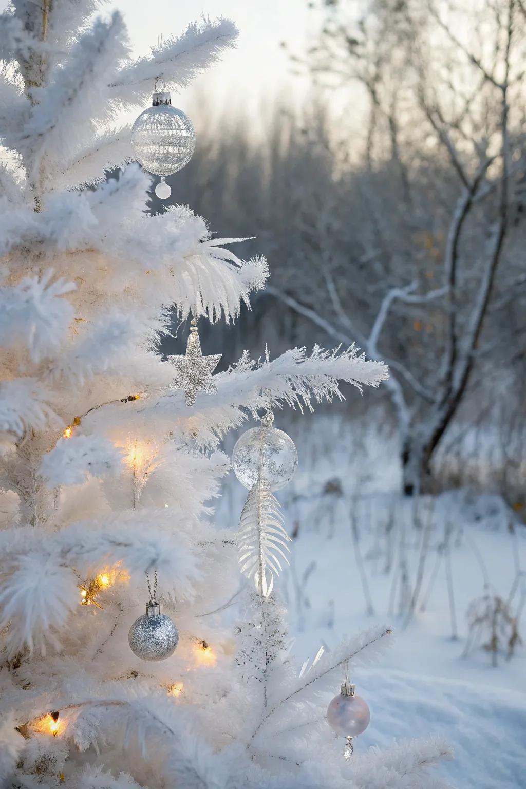 A white pencil tree styled as a winter wonderland with feathers and glass baubles.