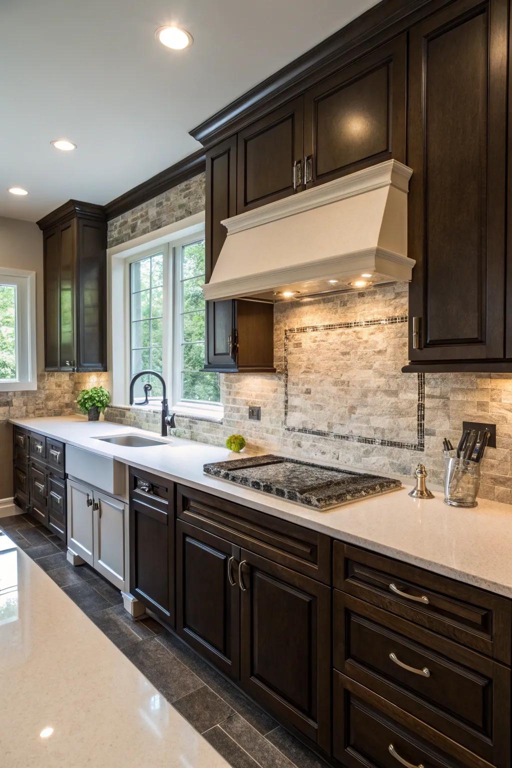 Dramatic contrast with dark quartz backsplash in the kitchen.