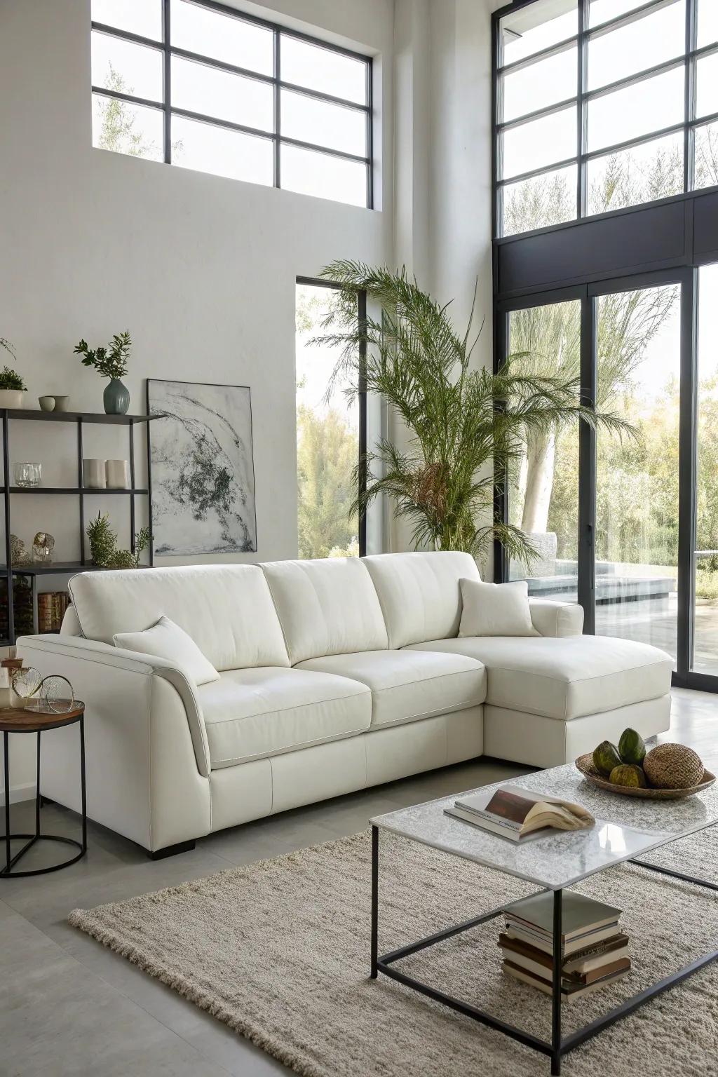 A sleek modern design with a white sectional.