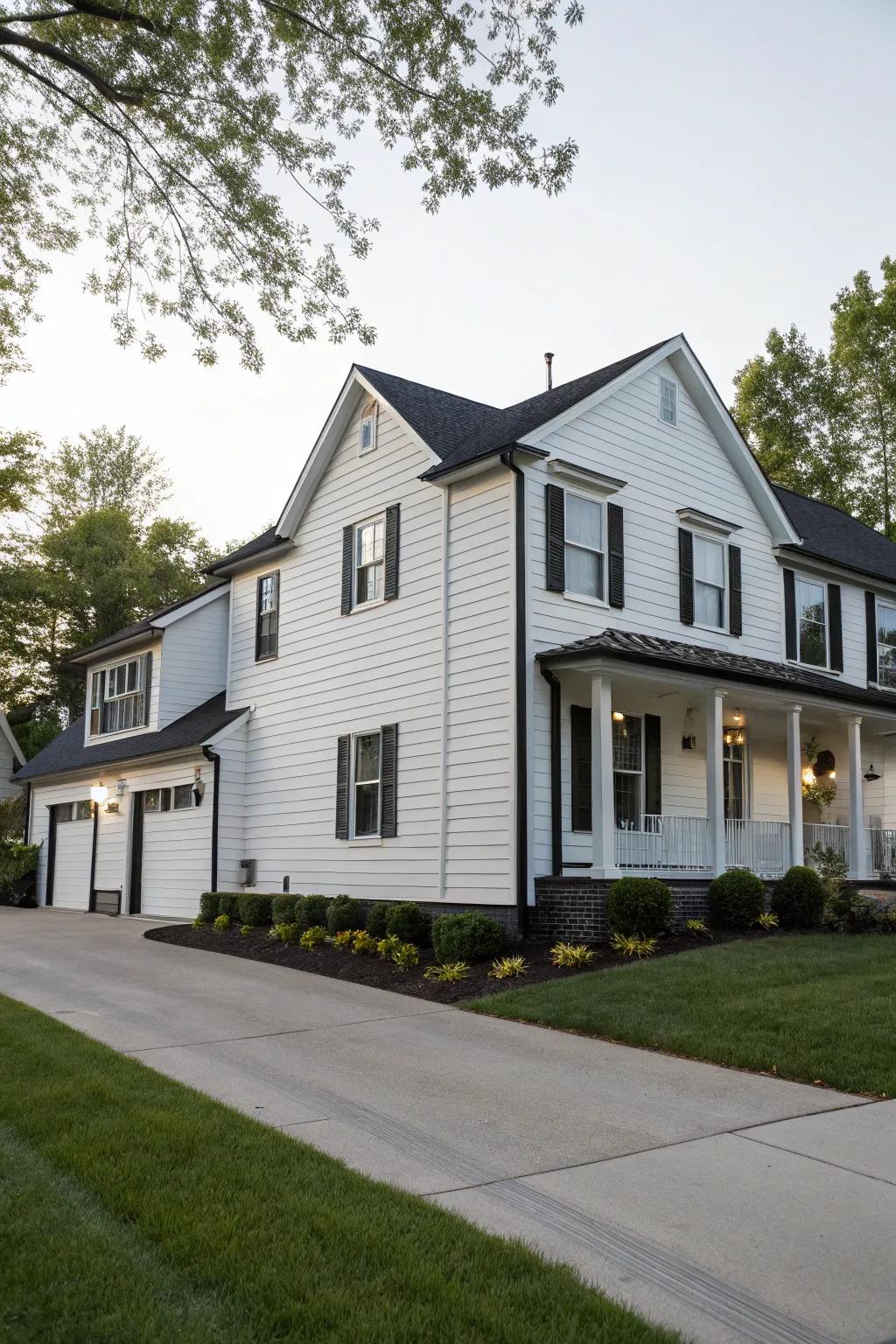 A house showcasing a striking contrast with white vinyl siding and black trim.