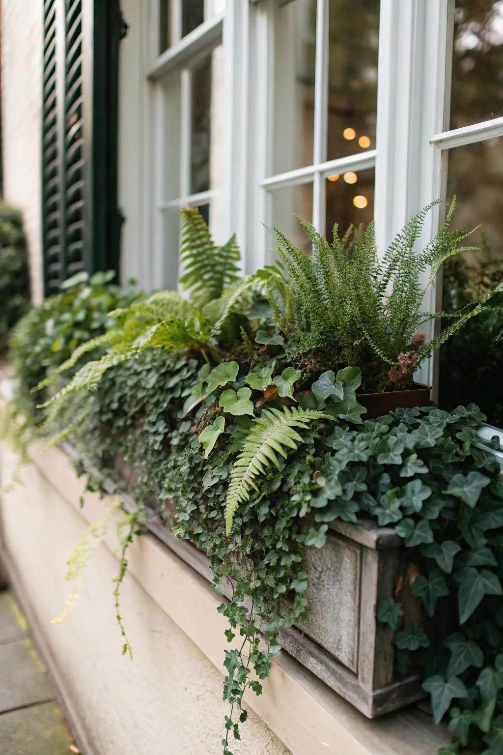 Lush layers of greenery with ferns and ivy.